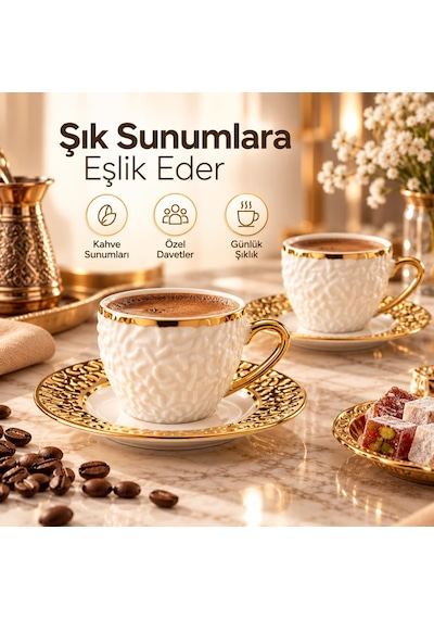 Valkyrie Şehrazat Serisi 6 Kişilik 12 Parça Kahve Fincan Takımı Kabartmalı Desenli, Altın Detaylı Beyaz Altın