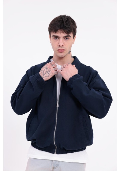 Erkek Gabardin Kumaş Fermuarlı Oversize Beli Lastikli Mevsimlik Ceket-265 Lacivert