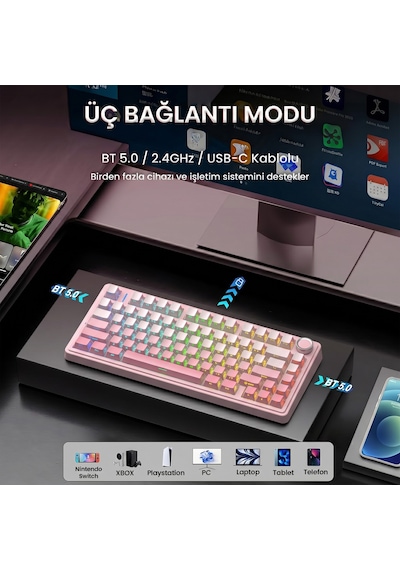 Aula F75 Mekanik Rgb Tkl Sessiz Cotton Candy Switch Kablosuz Makrolu Hot Swap Klavye Pembe