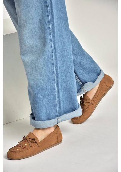 Fox Shoes Y996073102 Taba Süet Renkli Motif İşlemeli Kadın Babet Taba