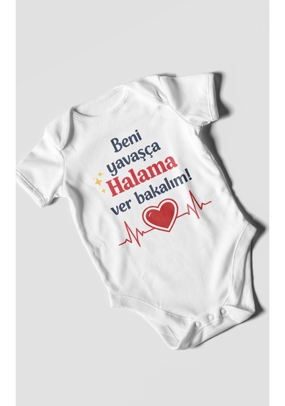 Morivokids Beni Yavaşça Halama Ver Bakalım Kısa Kollu Bebek Body %100 Pamuk Beyaz