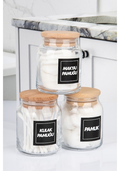 3'lü Ahşap Vakumlu Kapaklı Kulak Pamuğu Makyaj Pamuğu Ve Pamuk Kavanozu Pamukluk Seti 300 Ml Şeffaf