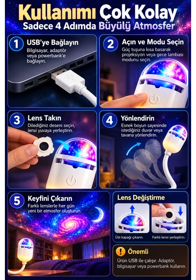 12 Lensli Usb Galaksi Projeksiyon Gece Lambası Yıldızlı Gökyüzü Ortam Aydınlatması Esnek Boyunlu Beyaz