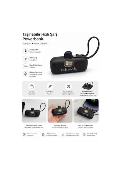 Rainvolt Mini Kapsül Powerbank Led Dijital Göstergeli & Dahili Kablolu Taşınabilir Şarj Cihazı siyah