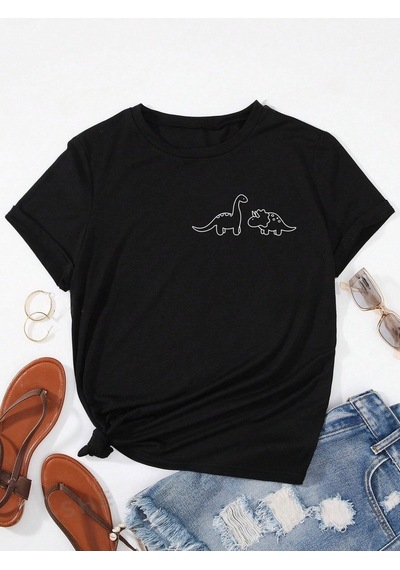 Flood Of Style Unisex Siyah Çizgili Dinazor Baskılı Oversize T-shirt
