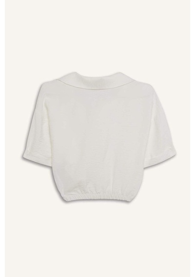 Defacto Cropped Fit Gömlek Yaka Keten Görünümlü Kısa Kollu Bluz C7799ax25spwt32 Beyaz