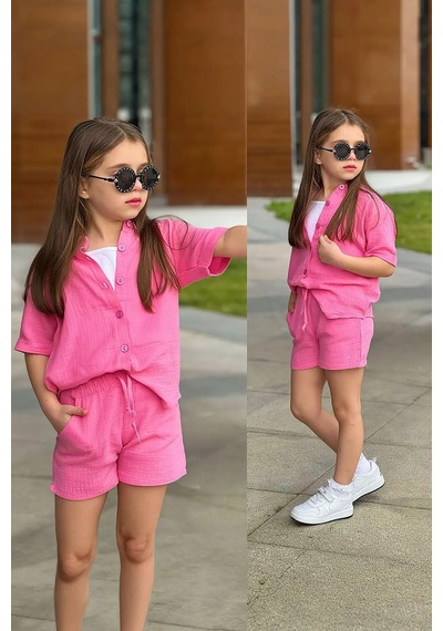 Miniğimin Cicileri Müslin Gömlek Şortlu Atletli Kız Çocuk Takım - Pembe Diğer
