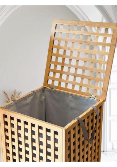 Bambu Kapaklı Kirli Çamaşır Sepeti Banyo Düzenleyici Modern Şık Tasarım Organizer Gri