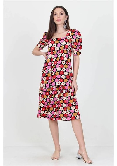 Neşeli Butik Kadın Kare Yaka Eteği Fırfırlı Çiçek Desenli Viskon Elbise Nb10026 Kırmızı