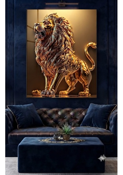 4mm Tamperli Uv Baskı Kırılımaz Cam Tablo Ev Ofis Duvar Dekor Hediyelik Tablo Luxury Premium Aslan Altın Gümüş Canlı Sağlam Gerçek Cama