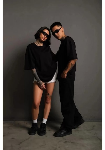 Erkek 24/1 Düz A Kalite Oversize T-shirt - Siyah 001