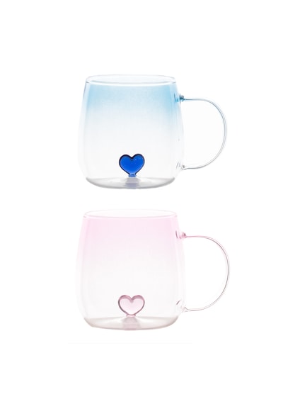 Porsima Pbt-707 Dream Love Hearts - 400ml Romantik Kalp Tasarımlı 2'li Renkli Borosilikat Cam Kupa Seti Şeffaf