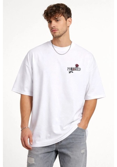 Erkek Kısa Kol Yazlık Tişört Bisiklet Yaka Baskılı Oversize T-shirt - Beyaz