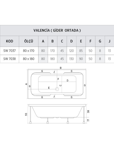 Shower 80X150 Valencıa Kolluklu Düz Küvet