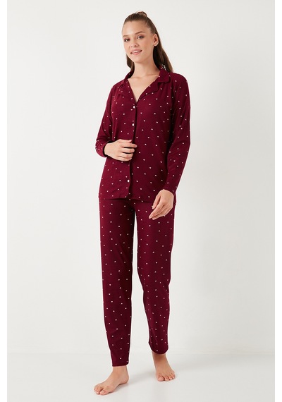 Lela Streç Standart Fit Düğmeli Bayan Pijama Takımı 60956601 Bordo