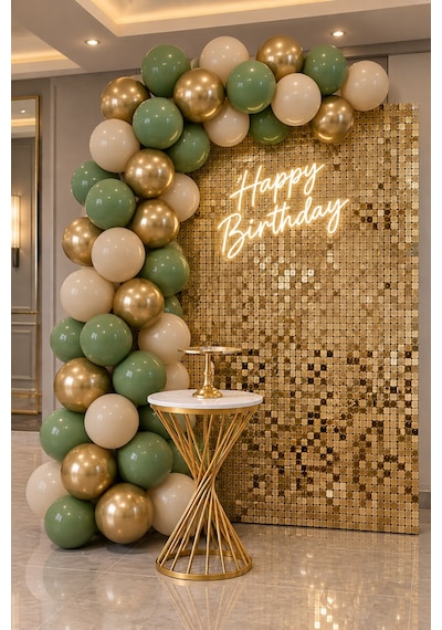 Küf Yeşili 15 Krom Gold 15 Deniz Kumu Pastel Ten Rengi Doğum Günü Ve Nişan Balon Zinciri Set