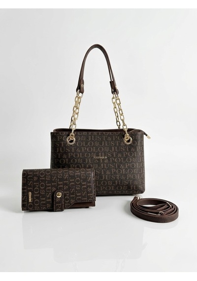 Just Polo Özel Günlere Uygun Baskılı Şık Omuz Çantası Ve Cüzdanı Kombin Shopper Kahverengi