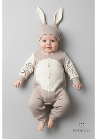 Babyden's Bebek Tavşanlı Tulum Şapka Set %100 Pamuklu Çıtçıtlı,ayarlanır Ponponlu Unisex Yenidoğan Tulum Seti Bej