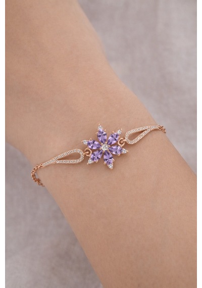 Çekirdekjewelry 925 Ayar Gümüş Lila Taşlı Lotus Bileklik Pembe