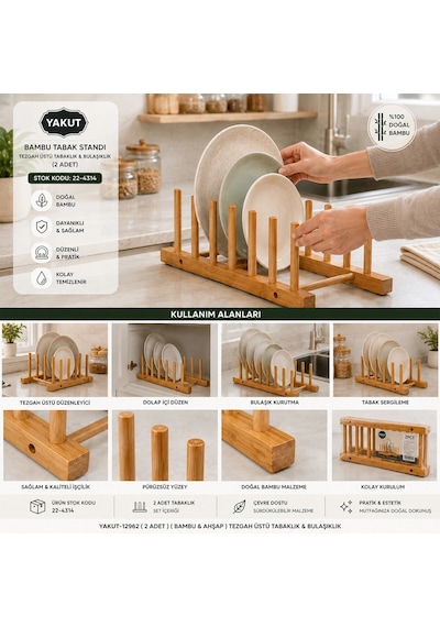 2pcs Bambu - Ahşap Tezgah Üstü Tabaklık - Bulaşıklık 5468 Renkli