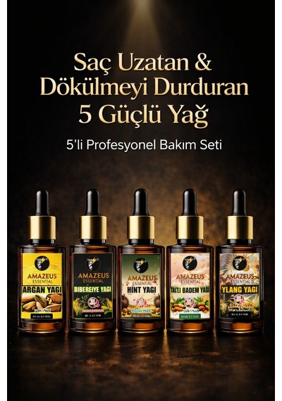 Amazeus Hızlı Uzama & Dökülme Karşıtı 7'li Bitkisel Yağ Seti Argan, Biberiye, Tatlı Badem,hint,ylang Ylang