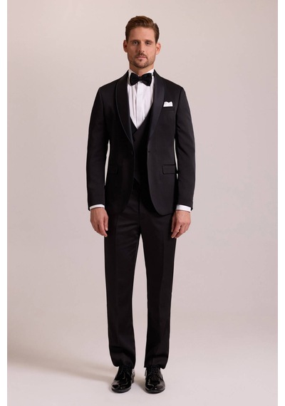 Ysf Erkek Siyah Şal Yaka Yelekli Slim Fit Damatlık