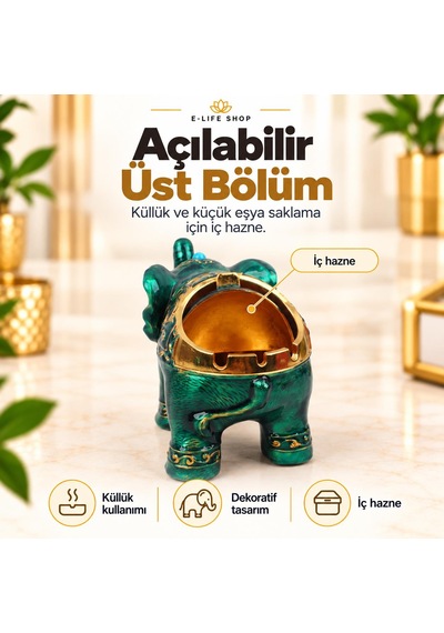 Lüks Alaşım Metal Fil Figürlü Kapaklı Dekoratif Küllük Ve Takı Saklama Kutusu Metal Biblo 18 X 12 Cm 28643038