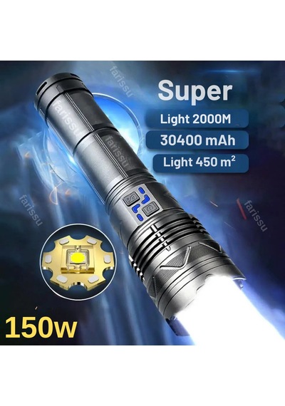 150w Süper Parlak El Feneri 3000m Menzil, 30.400mah, Şarj Edilebilir, Su Geçirmez Alüminyum Gövde Siyah