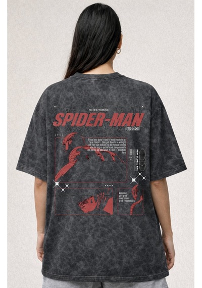 Spider-man Süper Kahraman Örümcek Adam Baskılı Unisex Oversize Vi Siyah