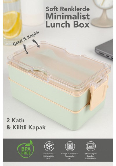 2 Katlı Kilitli Beslenme Kabı - Kendinden Çatal Kaşıklı Lunch Box Beslenme Kutusu Saklama Kabı Yeşil