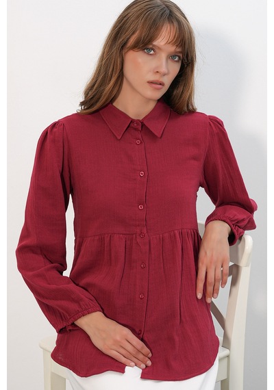 Bigdart Kadın Dokulu Oversize Keten Gömlek 20381 - Bordo