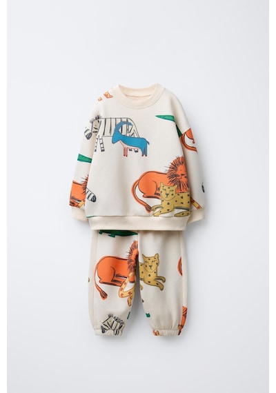Magu Unisex Çocuk Pamuklu Krem Safari Hayvan Desenli Sweatshirt Ve Jogger Eşofman Takım Çok Renkli
