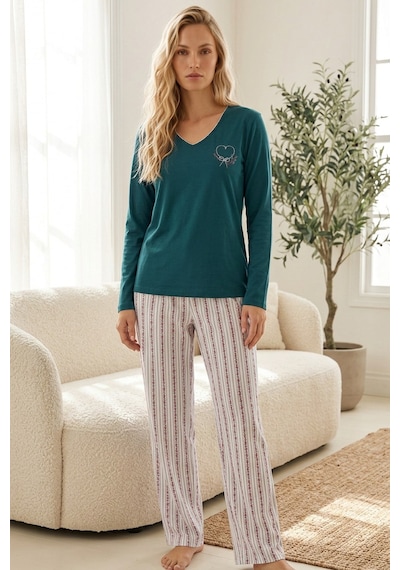 Siyah İnci Nakışlı Pamuklu Likralı Örme Pijama Takım26240325 Yeşil