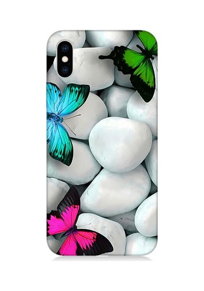 Apple Uyumlu iPhone XS Max Silikon Kılıf Mavi Yeşil Pembe Kelebekler Ve Beyaz Taşlar