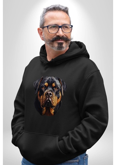 Rottweiler Kafası Kadın Erkek Siyah Kapüşonlu Sweatshirt Hoodie Siyah