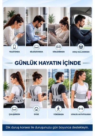 Dik Duruş Korsesi Sırt Korsesi Gri Kadın Erkek Kamburluk Korsesi Sırt Destekli Duruş Düzeltici Dik Durma Korsesi