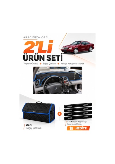 E-biz Mercedes W208-c208 Clk 1997-2002 Uyumlu Torpido Örtüsü + Deri Çanta - Siyah-mavi - Mb009
