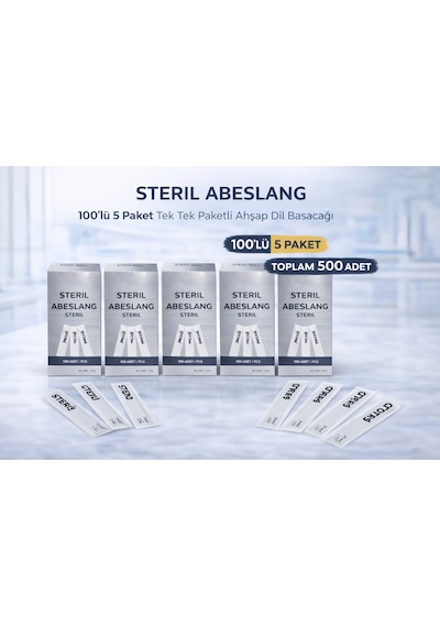 Steril Abeslang 100'lü 5 Paket Tek Tek Paketli Ahşap Dil Basacağı Medikal Spatula Toplam 500 Adet