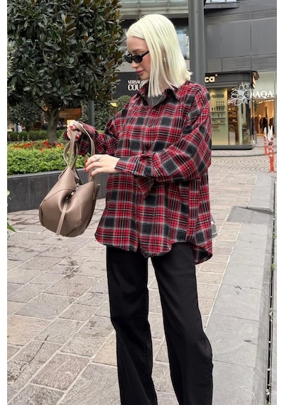 Madmext Kırmızı Oversize Ekose Desenli Kadın Gömlek Mg2589 Kırmızı