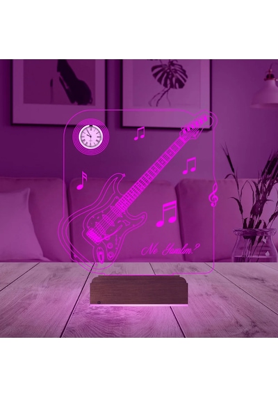 Luvivia Elektro Gitar Müzik Nota Müzisyen Kişiye Özel Metal Saatli 3d Lamba - Masa Gece Lambası Şeffaf
