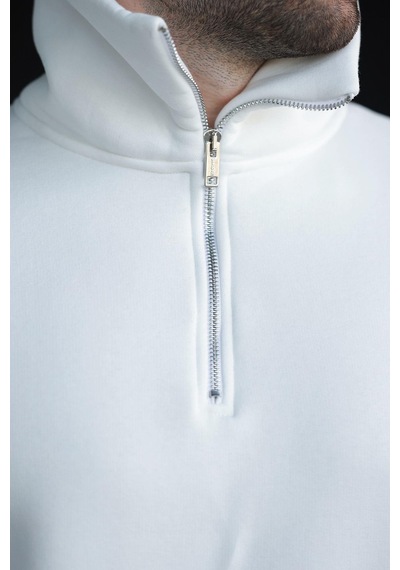 Madmext Ekru Fermuarlı Dik Yaka Kanguru Cep Erkek Sweatshirt E7159 Ekru