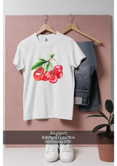 Oversize Double Cherry Kiraz Tasarımlı Unisex T-shirt Beyaz