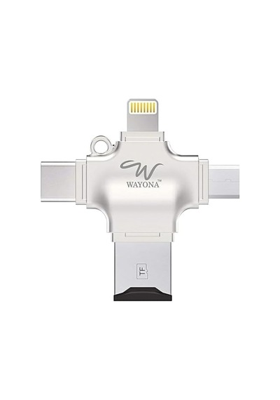 4'ü 1 Arada Otg Kart Okuyucu Dört Bağlantı Noktası: Lightning + Tip C + Micro Usb + Usb Kart Okuyucu, Gümüş