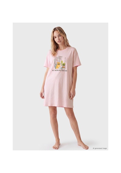 Lcw Dream Pembe Bisiklet Yaka Kedi Baskılı Kadın Gecelik