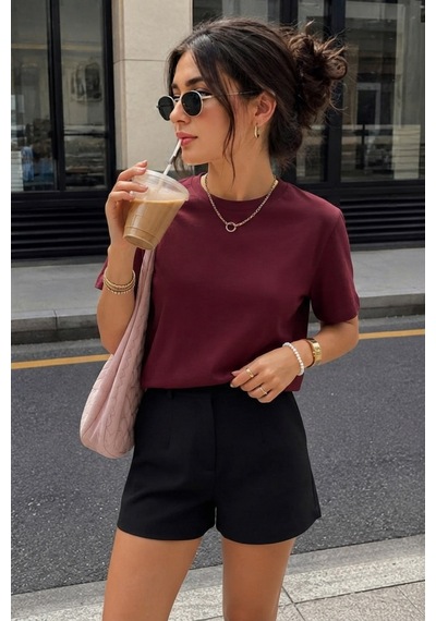 Seeh Bordo Basic Kısa Kollu Kadın T-shirt Sh280