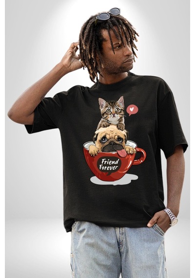 Kedi Ve Köpek Sonsuzadek Arkadaşız Pamuklu Bisiklet Yaka Unisex Oversize Boyfriend Dijital Baskılı Siyah T-shirt Siyah