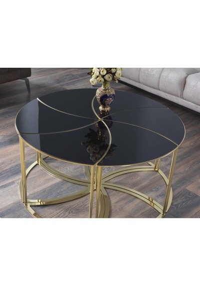Premium Modern Yuvarlak Sehpa 6 Lı Takım 100 48cm Cam Altın Ayaklı