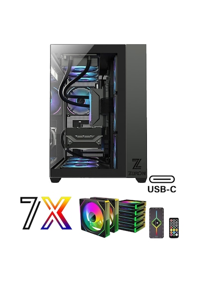 Zeiron Mirage X7 Tuş Ve Kumanda Kontrolcülü 7x120 Mm Gerçek Argb Fanlı 600w 80plus Psu Gaming Boş Akvaryum Bilgisayar