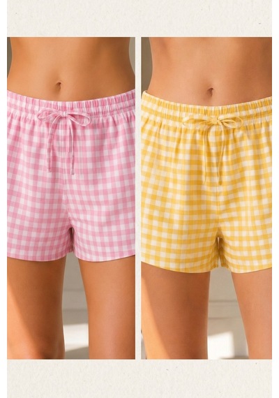 Siyah İnci 2'li Mevsimlik İnce Örme Şortlu Pijama Altı 8064 Pembe Sarı Ekose