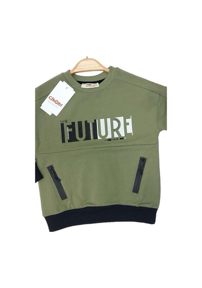 Çikoby Erkek Çocuk Future Baskılı Pamuklu Uzun Kollu Tshirt-13799-haki Haki
